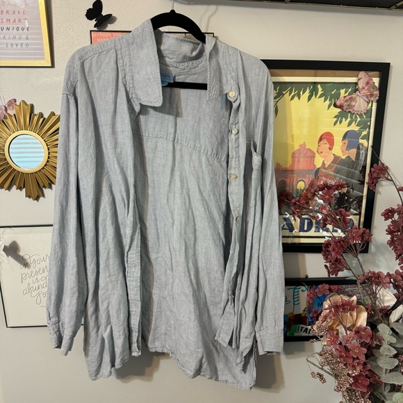 Blue Distressed Denim-like Long sleeve Button-down blouse - Picture 1 of 14
